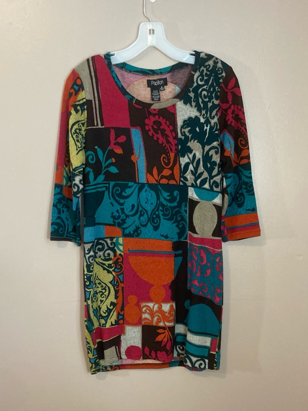 Papillon Blanc Teal Pink Orange Patchwork Sweater Tunic/Dress